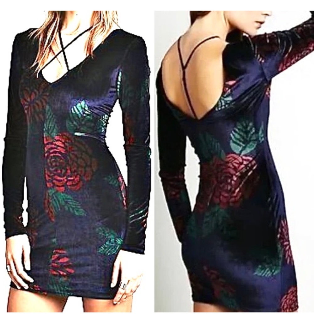 Free People Navy Blue Velvet Floral Print Open Back Dress